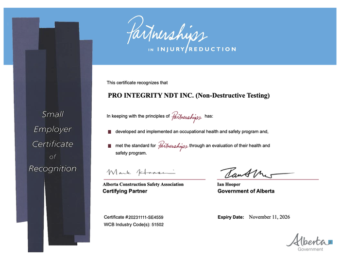 Alberta Government Partnership in Injury Reduction Certified - Pro Integrity NDT 2024